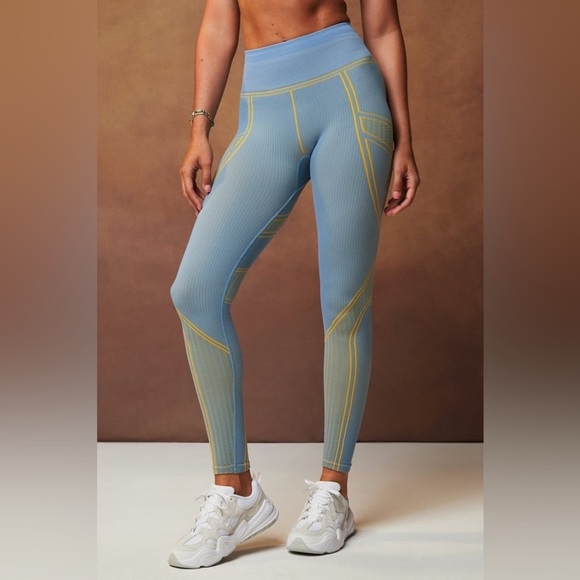 Fabletics Blue Leggings with Yellow Accents - Picture 2 of 9